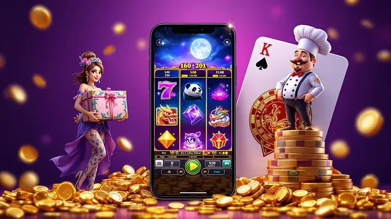 Layar slot video dengan simbol permainan dan latar bertema